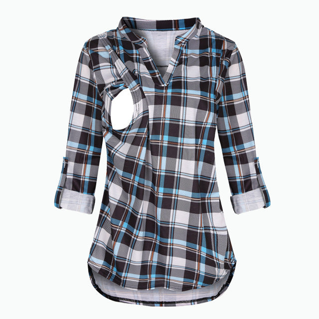 Maternity Plaid Print Breastfeeding Tops