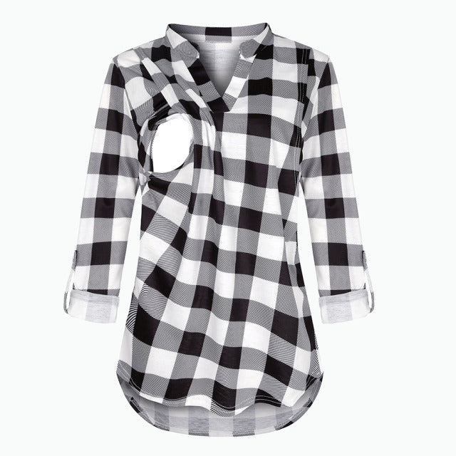 Maternity Plaid Print Breastfeeding Tops